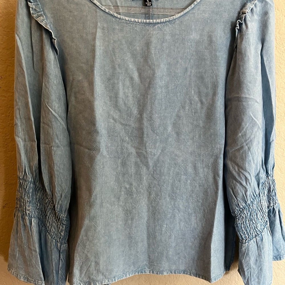 Style Envy Light Blue Smocked Sleeve Blouse